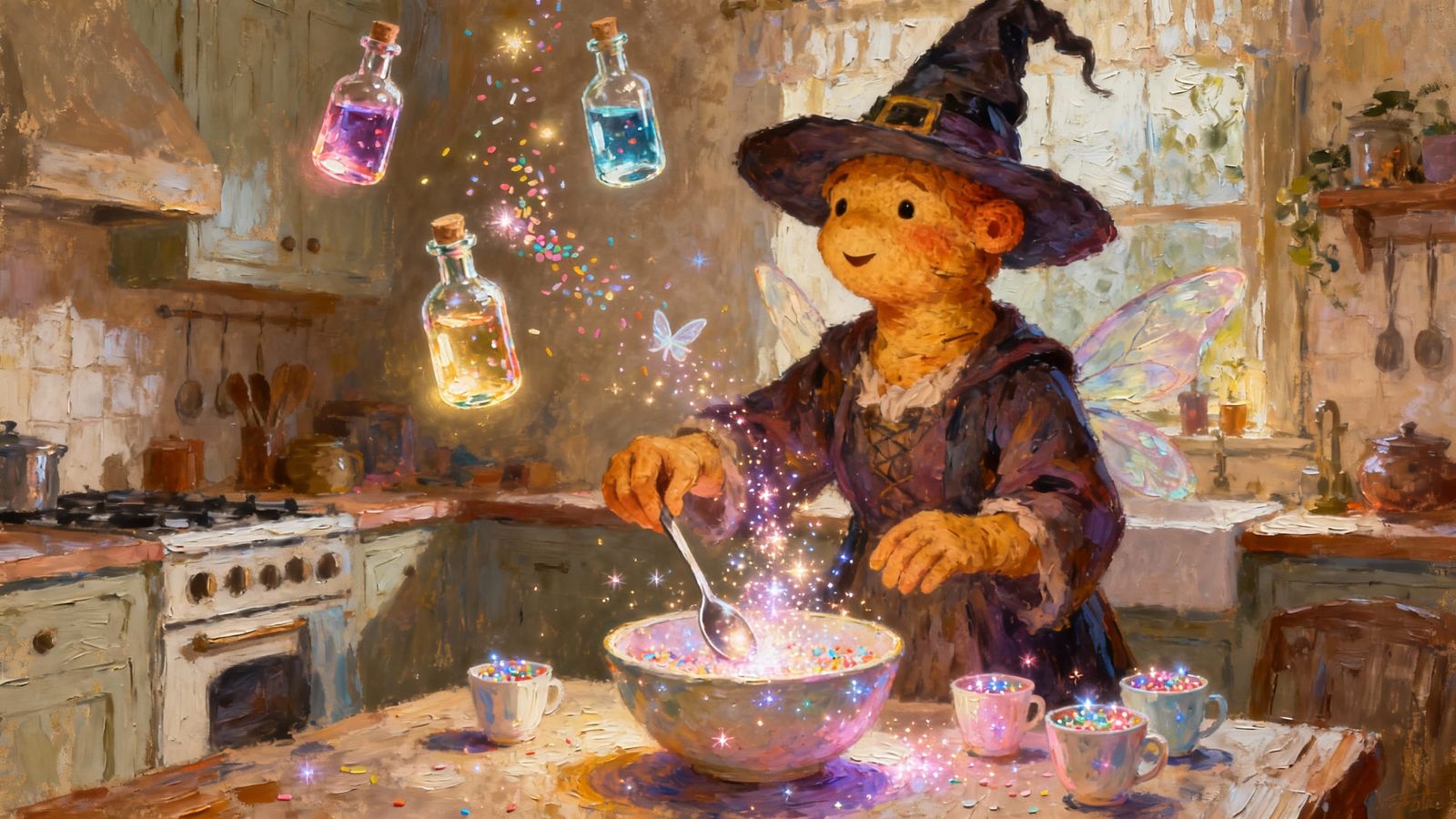 Ginger Witch Brewing Potions in Magical Kitchen Oil Painting