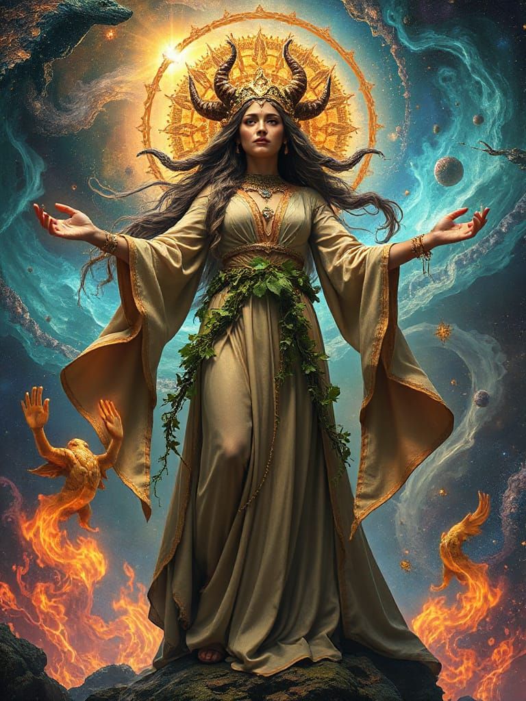 Goddess Gaia Portrait with Swirling Elemental Forces