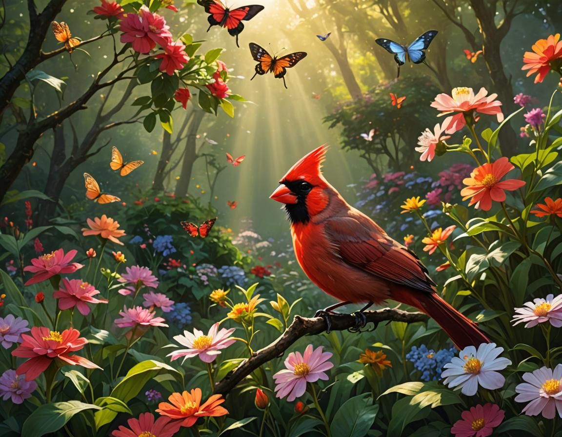 Cardinal and Dragonfly in Garden, Greg Rutkowski Style
