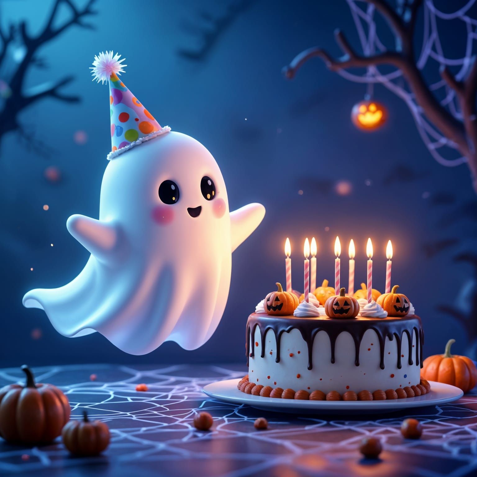 Transparent 3D Ghost in Birthday Hat with Halloween Cake