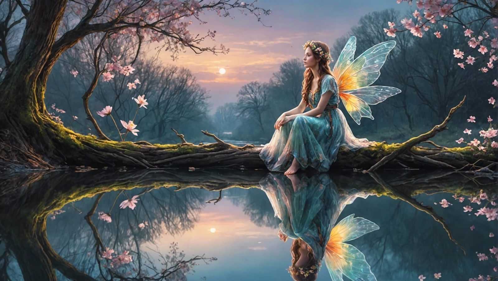 Fairy Perched on Branch in Pastel Sunset, Watercolor Art