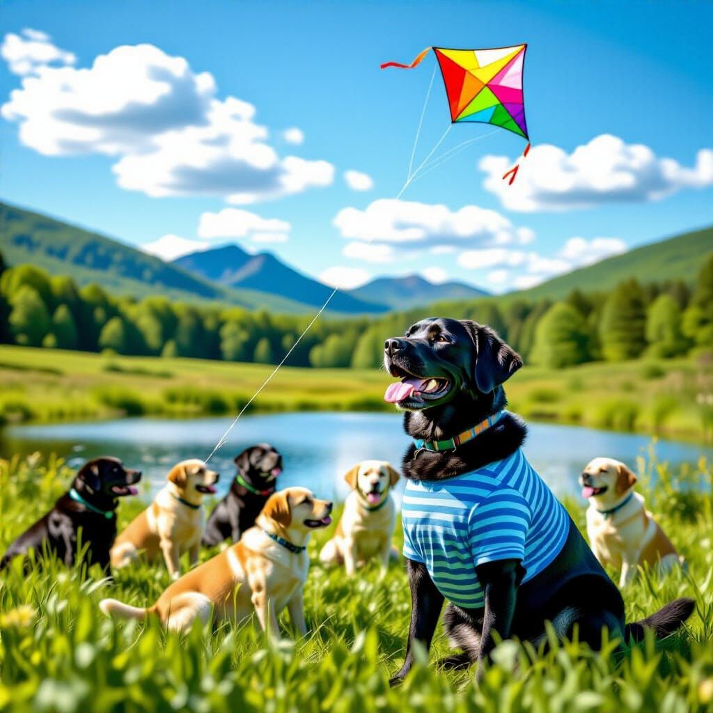 Labrador in Striped Shirt Plays in Sunny Field