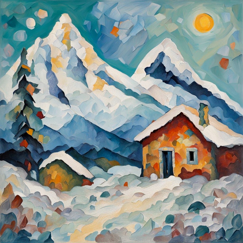 Impasto Expressionist Landscape with Lonely Cabin Amidst Whi...