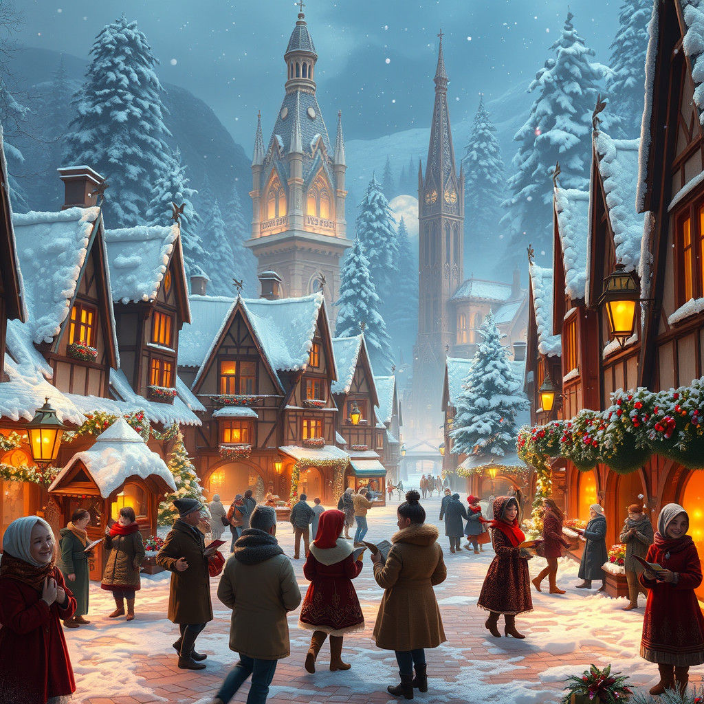 Whimsical Snowy Town Square in Gothic-Inspired Style