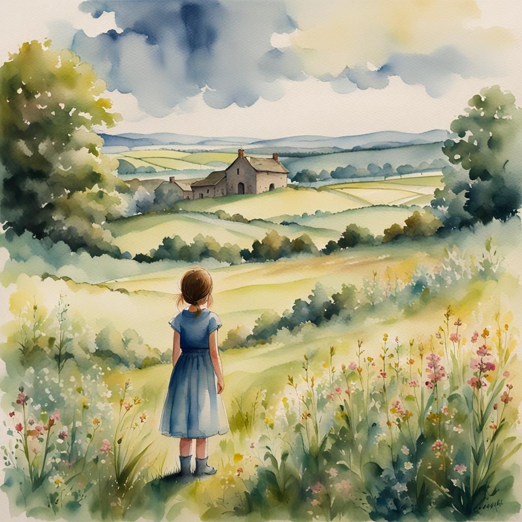 Girl in Meadow, Watercolor Painting of Rural England