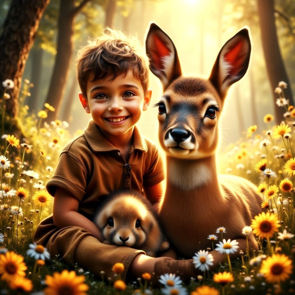 Happy Boy Watches Deer in Lush Forest Glen