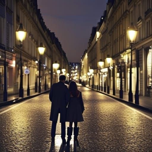 Romantic Robot Couple Walk in Paris at Night