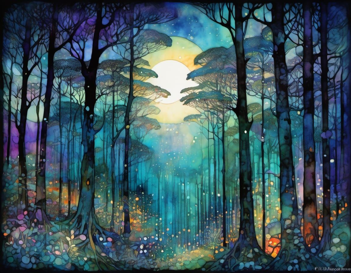Moonlit Forest Illustration in Art Nouveau Style