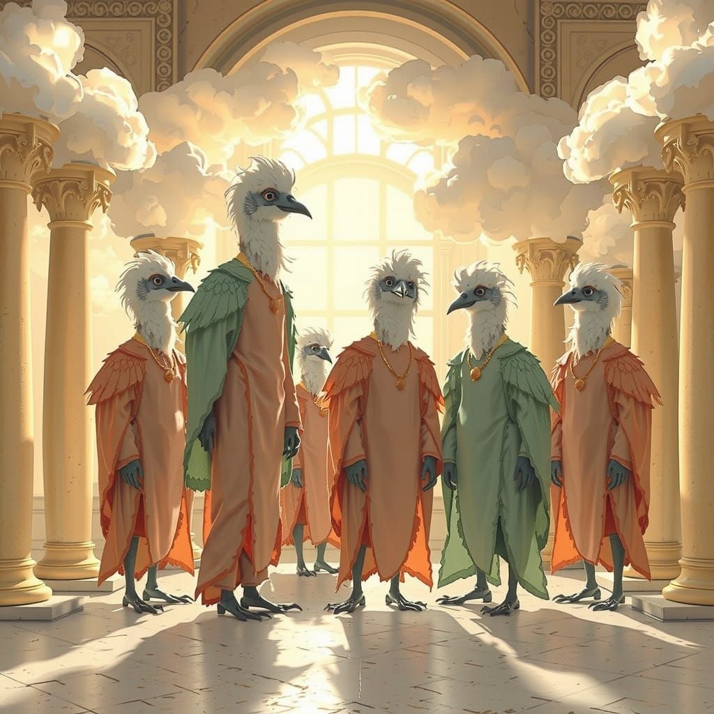 Ethereal Bird People in Floating Cloud House