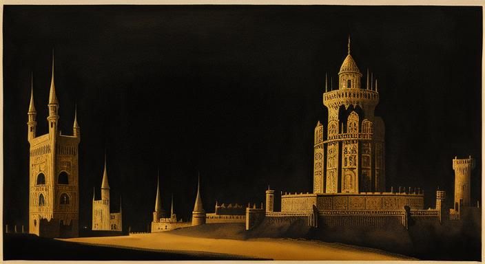 Giants Build Wotan's Castle: Washed Ink and Watercolor