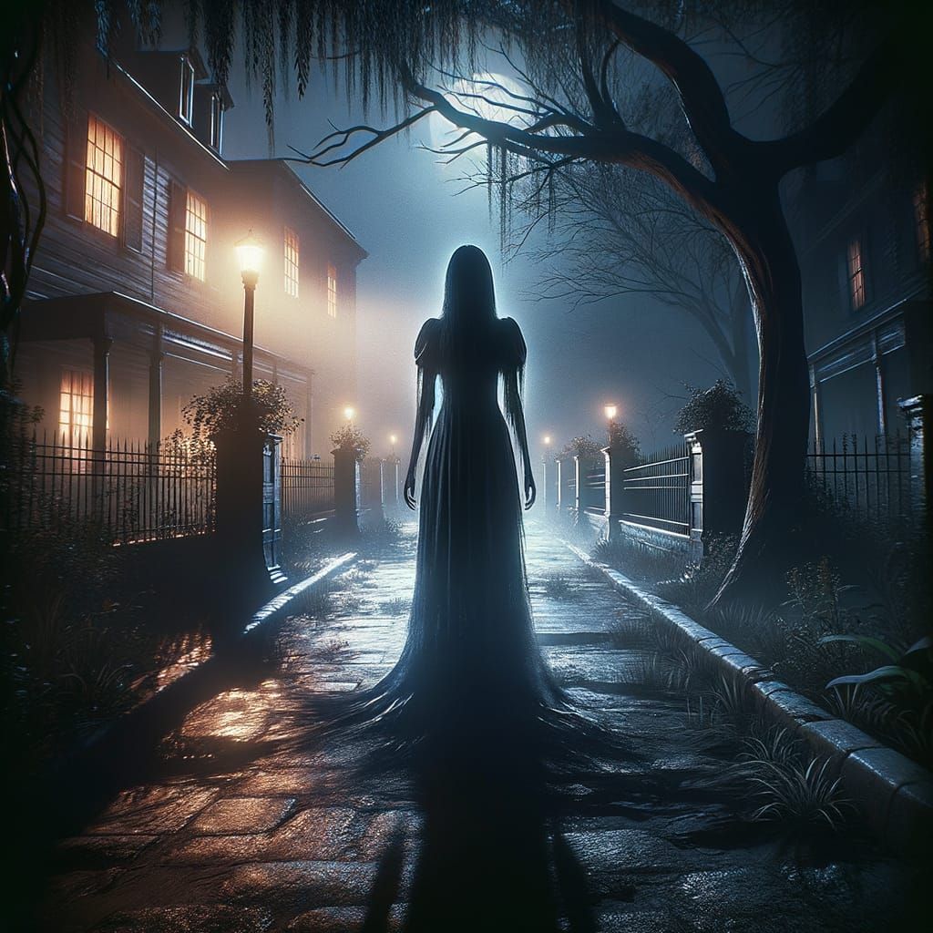 Ghostly Silhouette on Colonial Path at Night