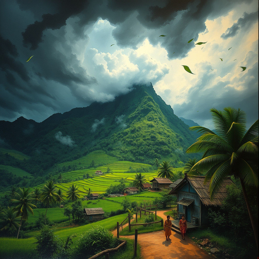 Malay Village Beset by Storm, in Expressive Oil Painting