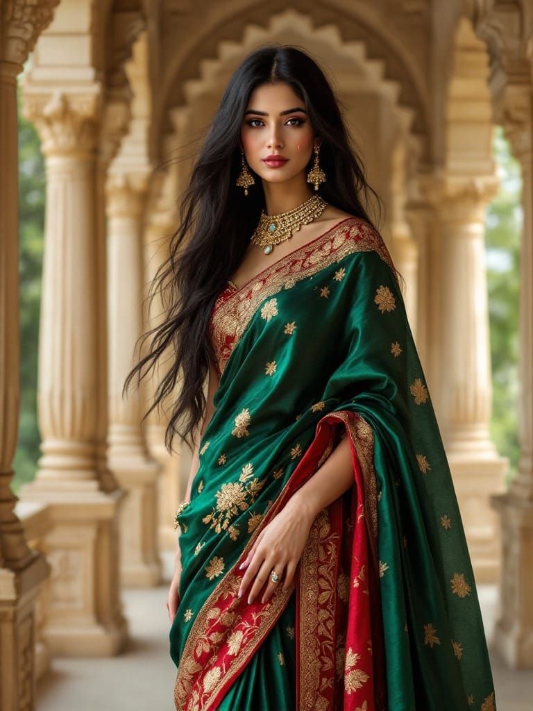 Regal Indian Princess in Emerald Sari