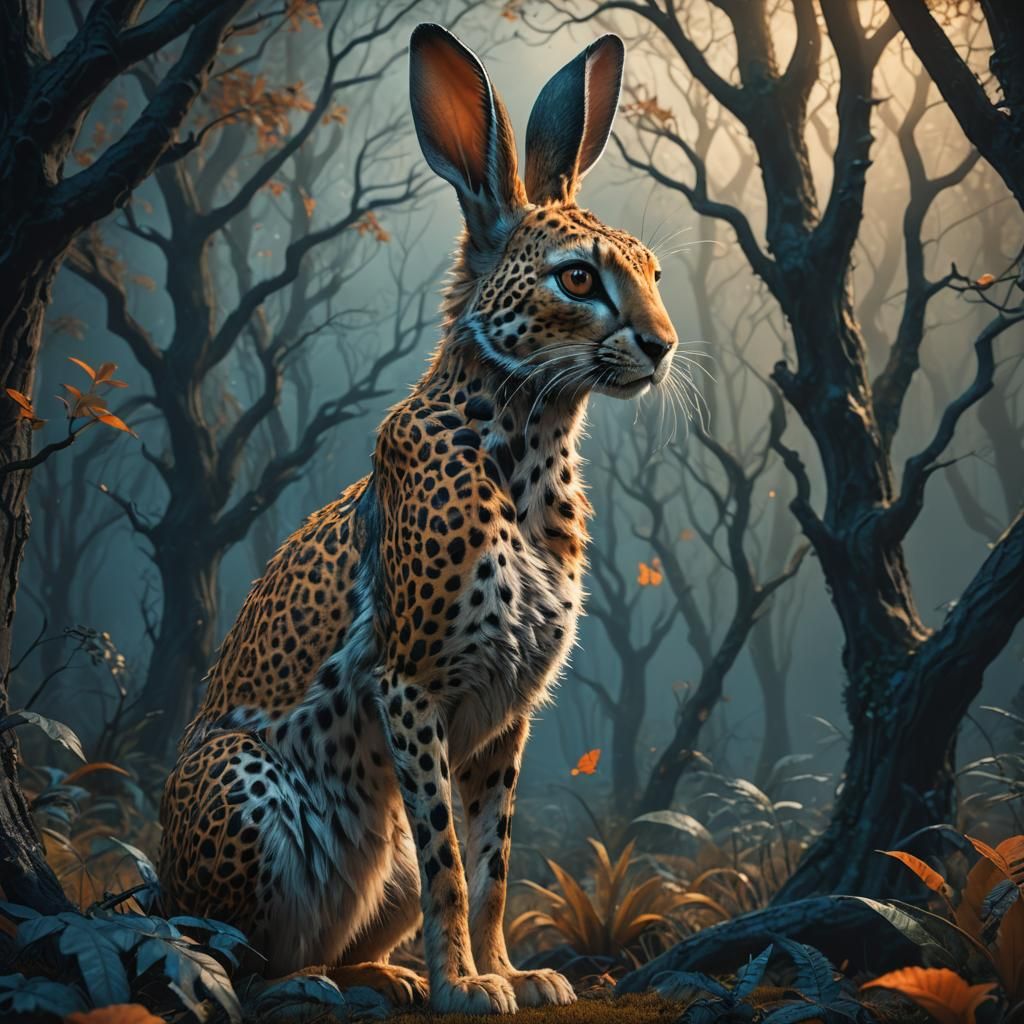 Rabbit-Cheetah Hybrid in Eerie Forest, Tim Burton Style