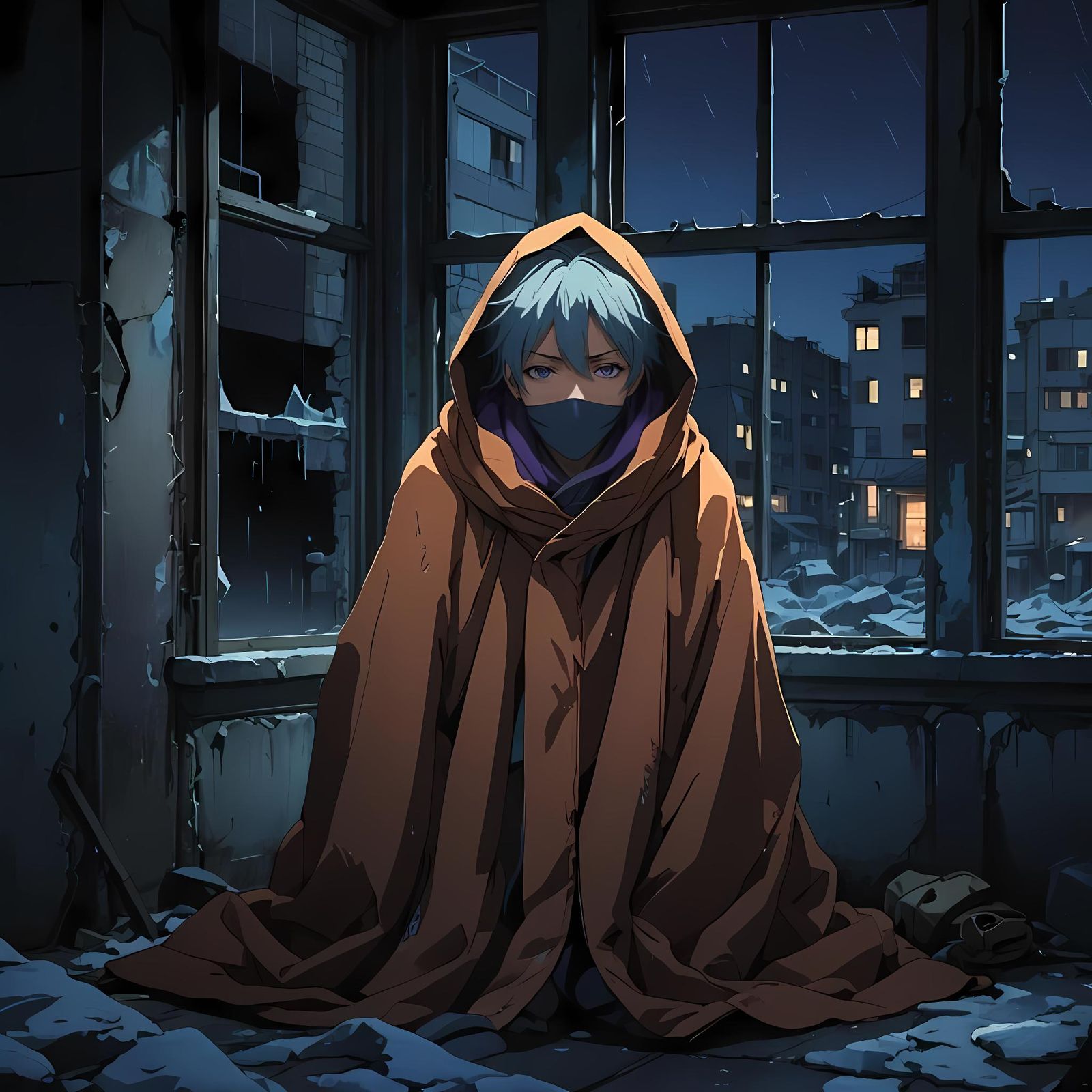 Anime Character in Abandoned Winter Building