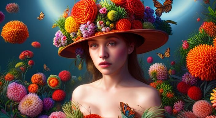 Floral Hat with Incandescent Butterflies in 3D