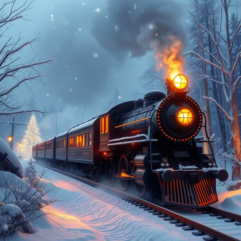Golden Steam Train in Magical Winter Landscape