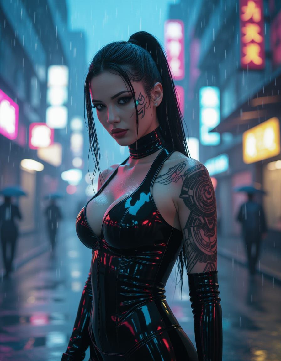 Cyberpunk Woman in Neon Cityscape with Biomech Tattoo