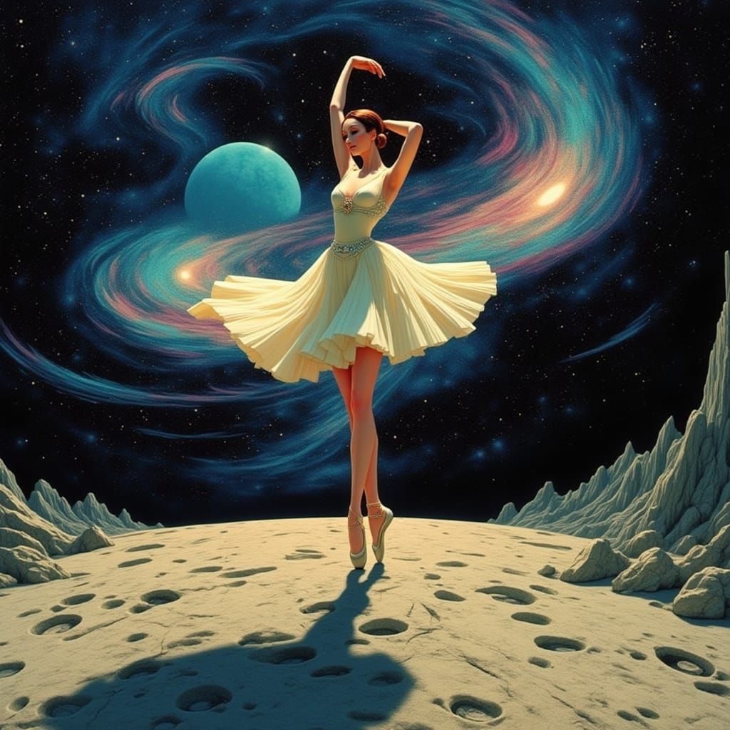 Retro Futuristic Ballerina on a Glowing Moon