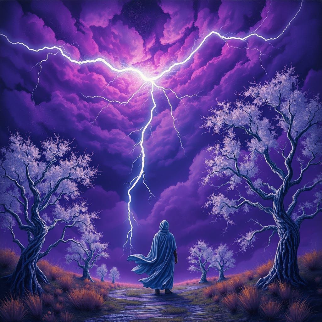 Mystical Figure in Dreamlike Landscape with Radiant Lightnin...