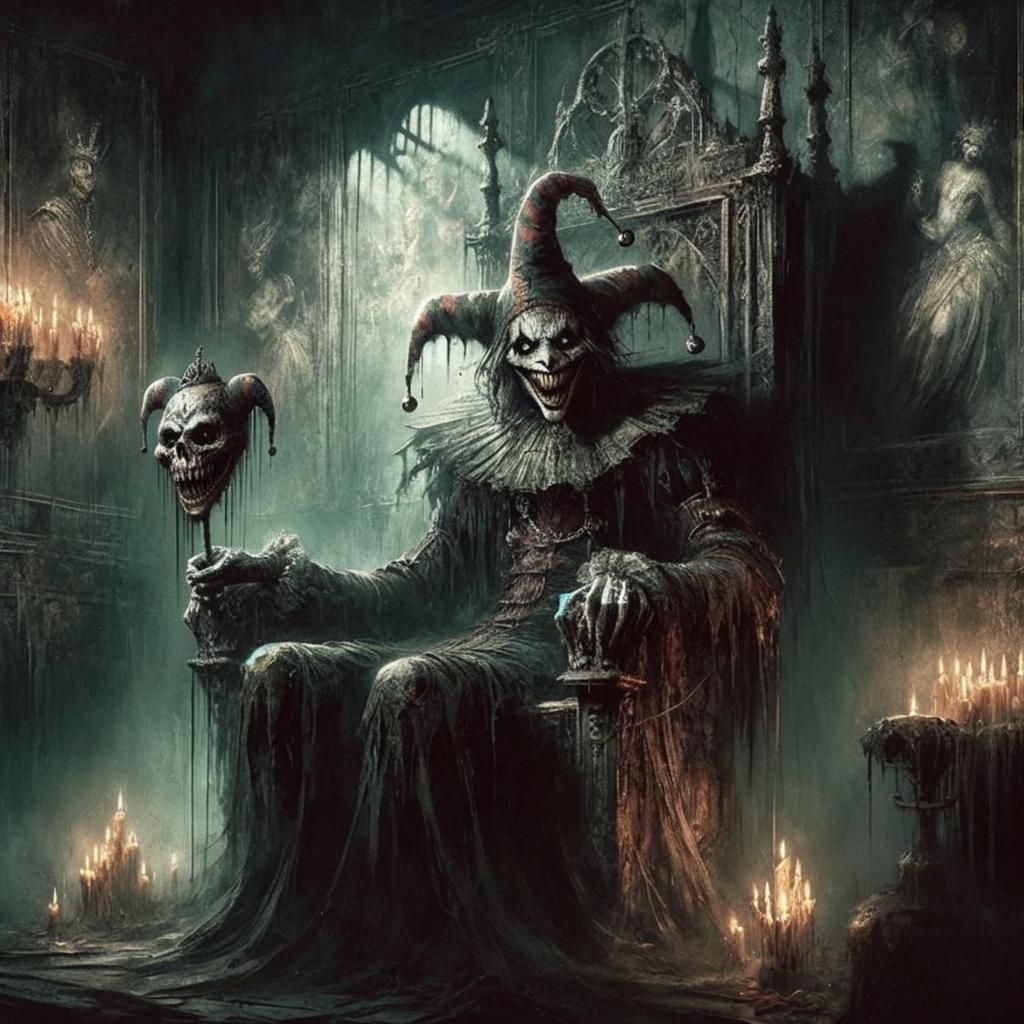 Eerie Jester on Antique Throne in Dark Chamber
