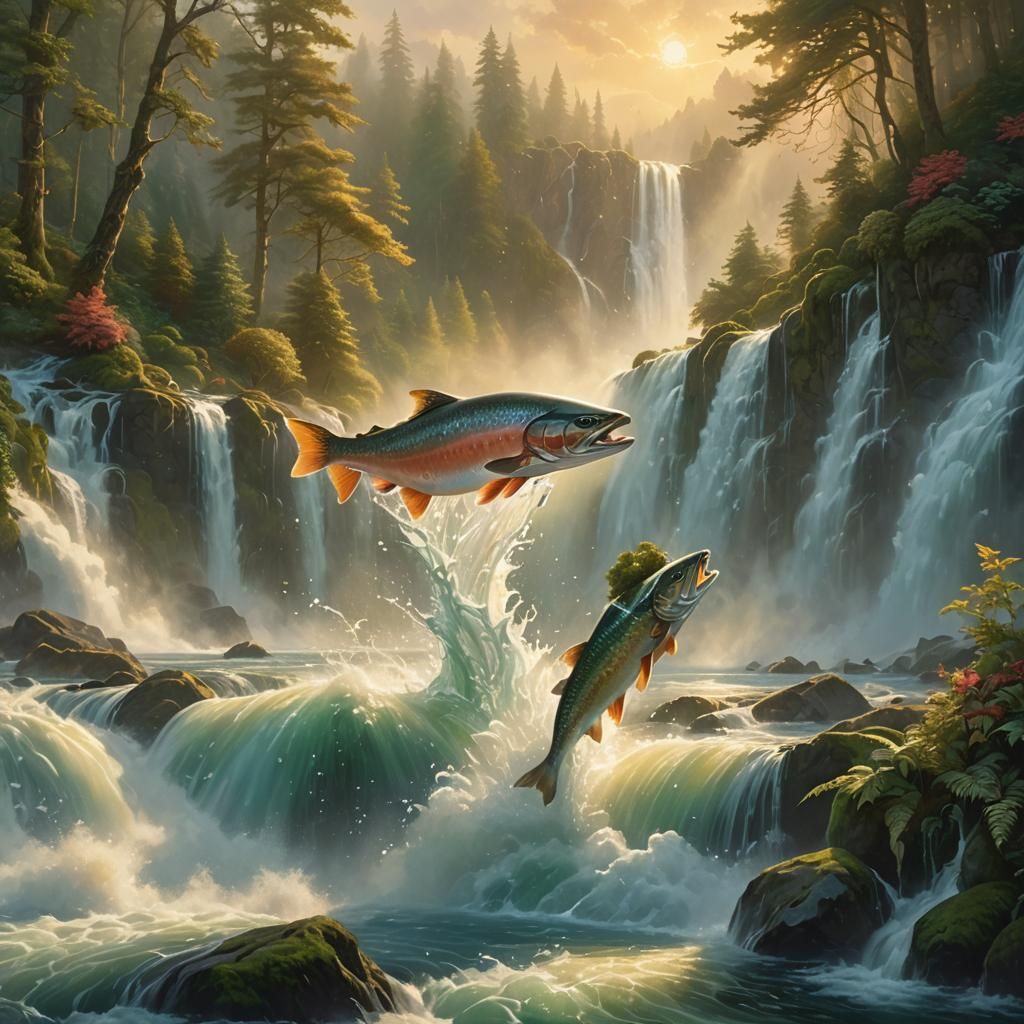 Salmon Leaping Up Crystal Waterfall in Ethereal Landscape