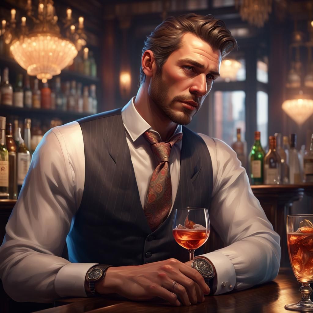 Dapper Man Portrait in Classy Bar, Hyperrealistic Art