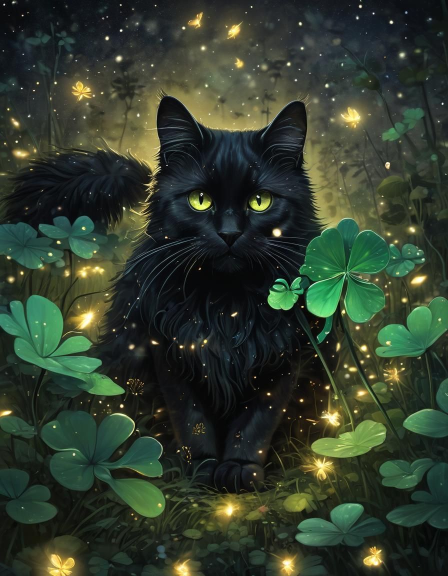 Black Cat and Lucky Clover in Firefly Night