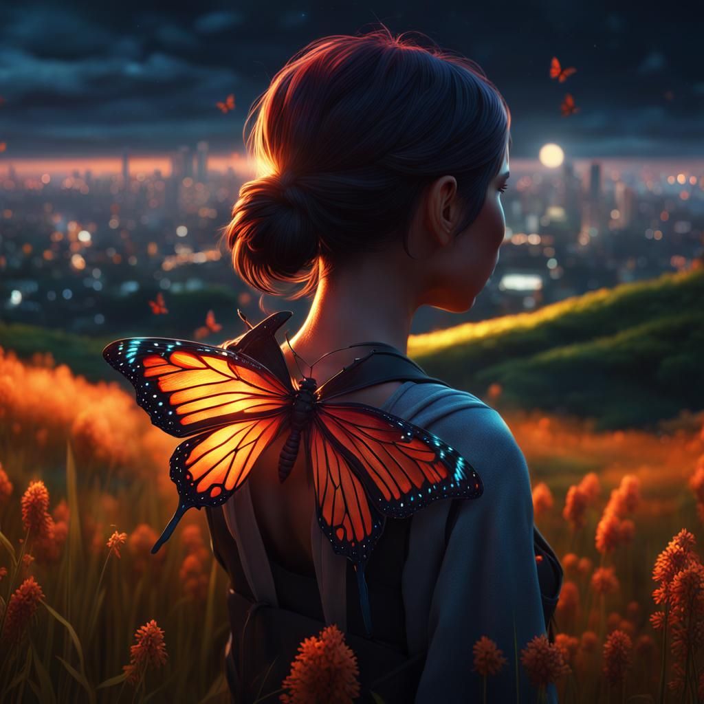 Girl with Butterfly Overlooking Tokyo at Night