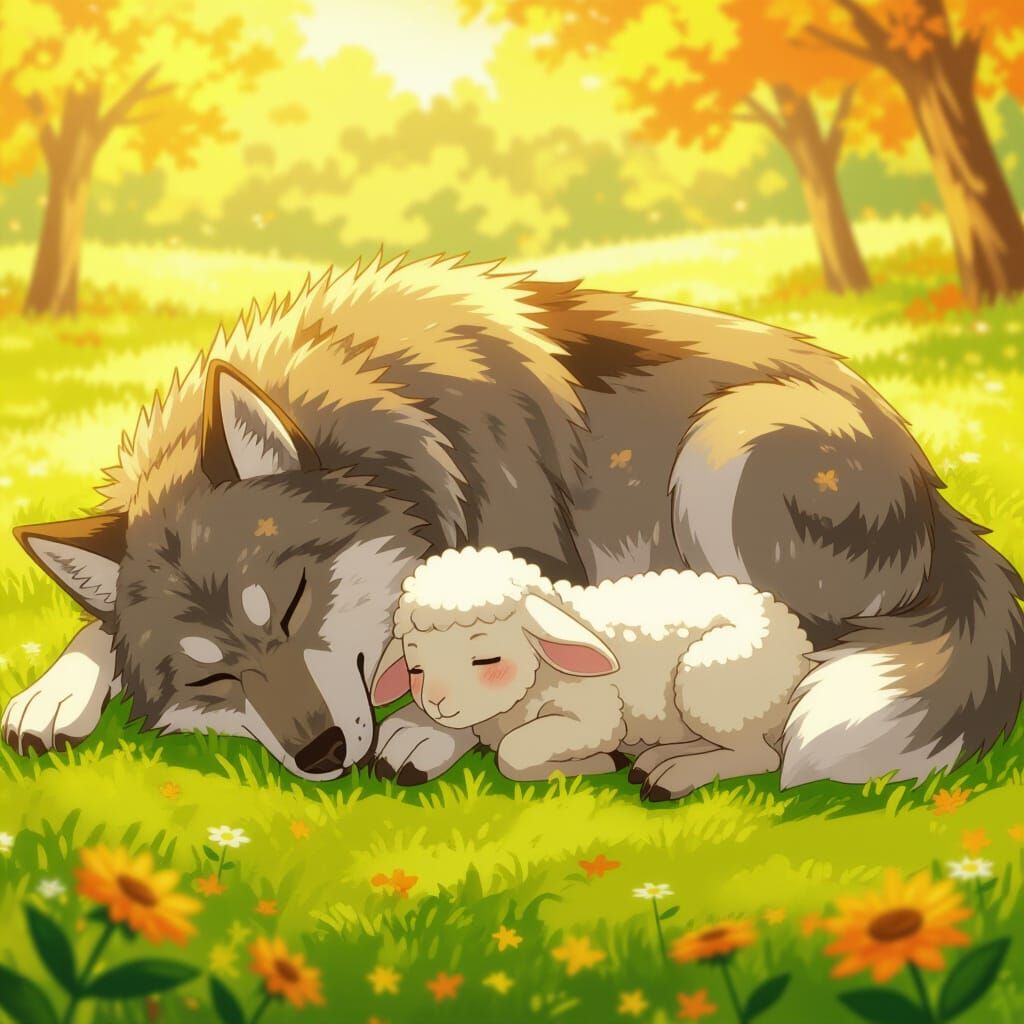 Peaceful Wolf and Lamb Sleeping Together in Warm Light