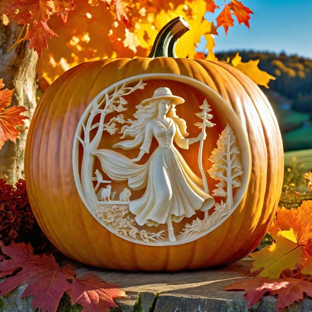 Intricately Carved Witch Pumpkin in Autumn Scene
