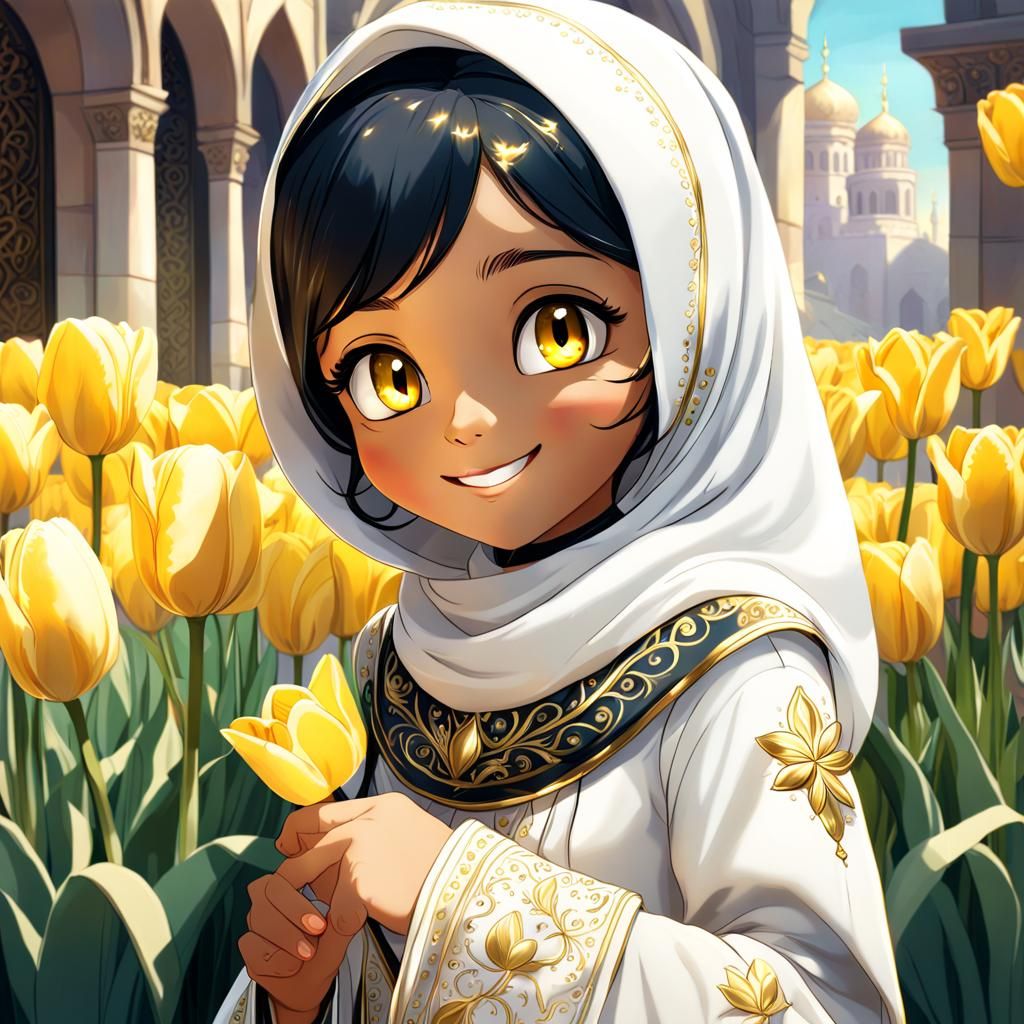 Girl in Hijab Reaching for Tulip: Fantasy Art