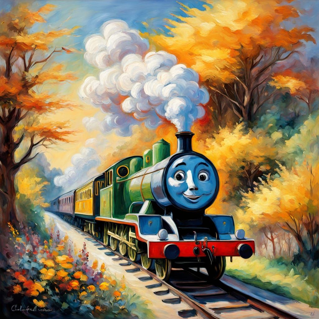 Whimsical Oil Painting of Steam Train in Old Railway Station