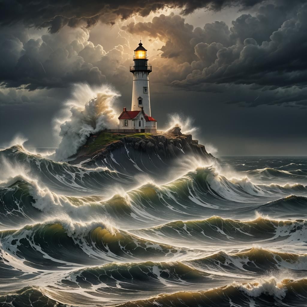 Stormy Tsunami Wave Crashing Lighthouse: Oil Painting