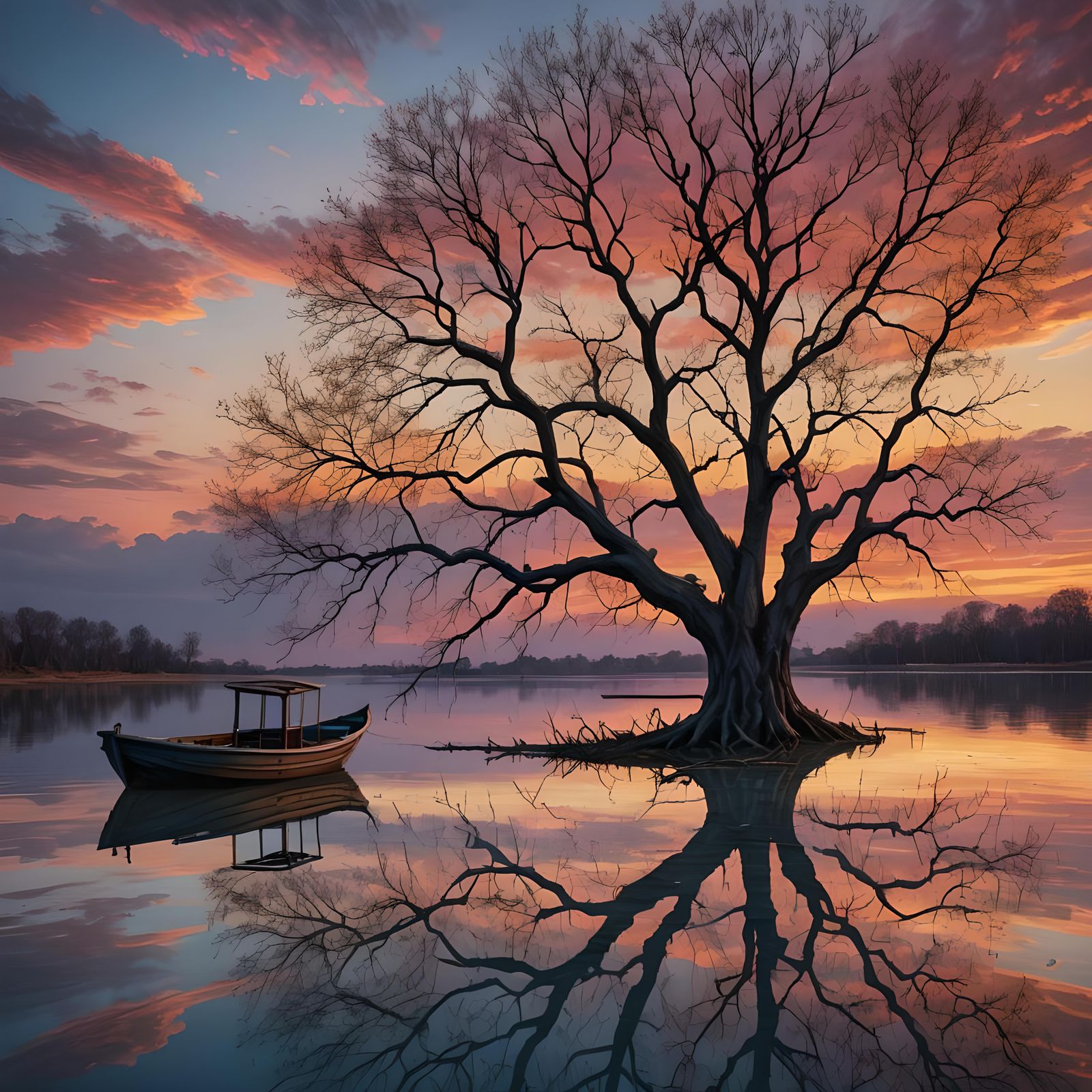 Lonely Tree and Boat at Sunset in 4K