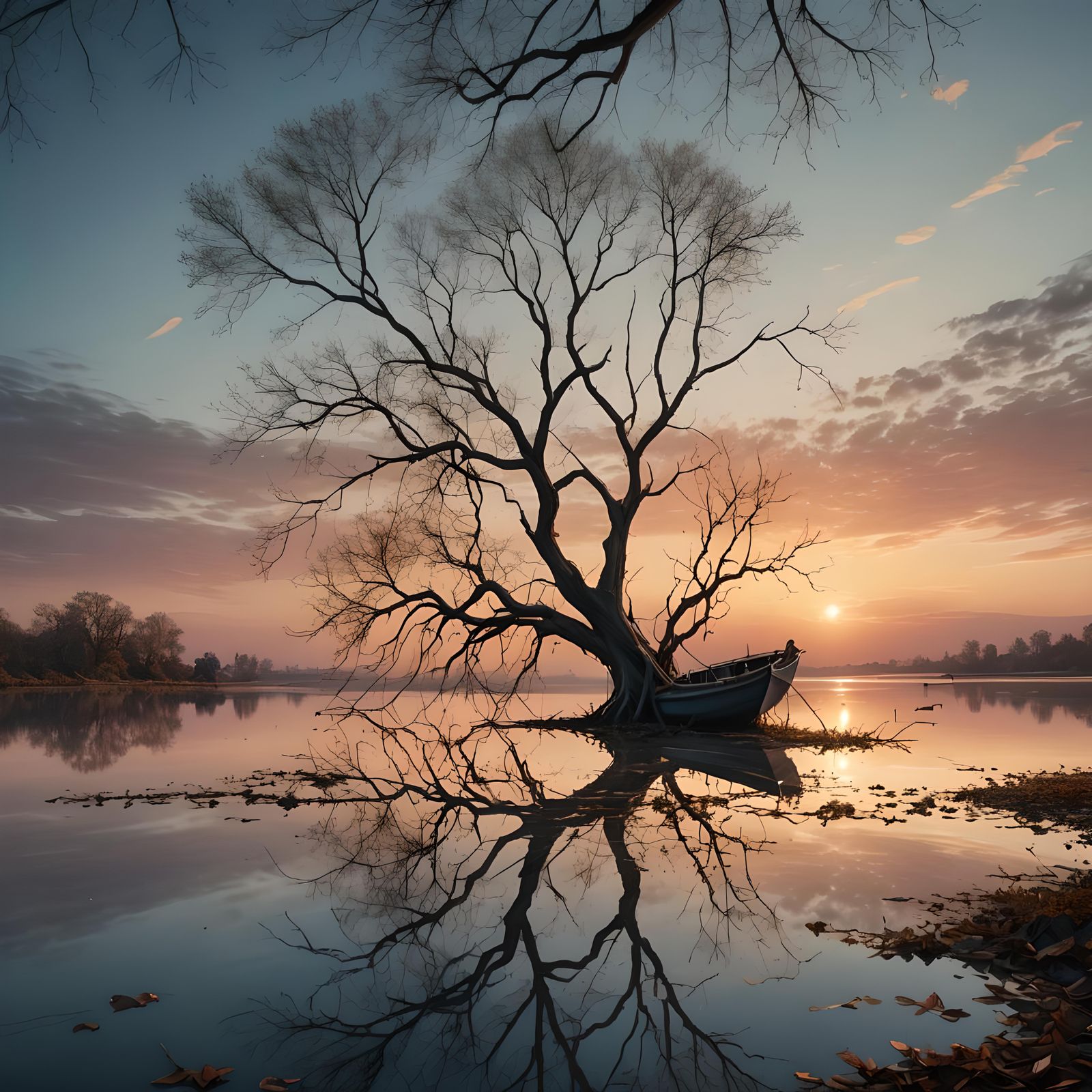 Lonely Tree and Boat at Sunset