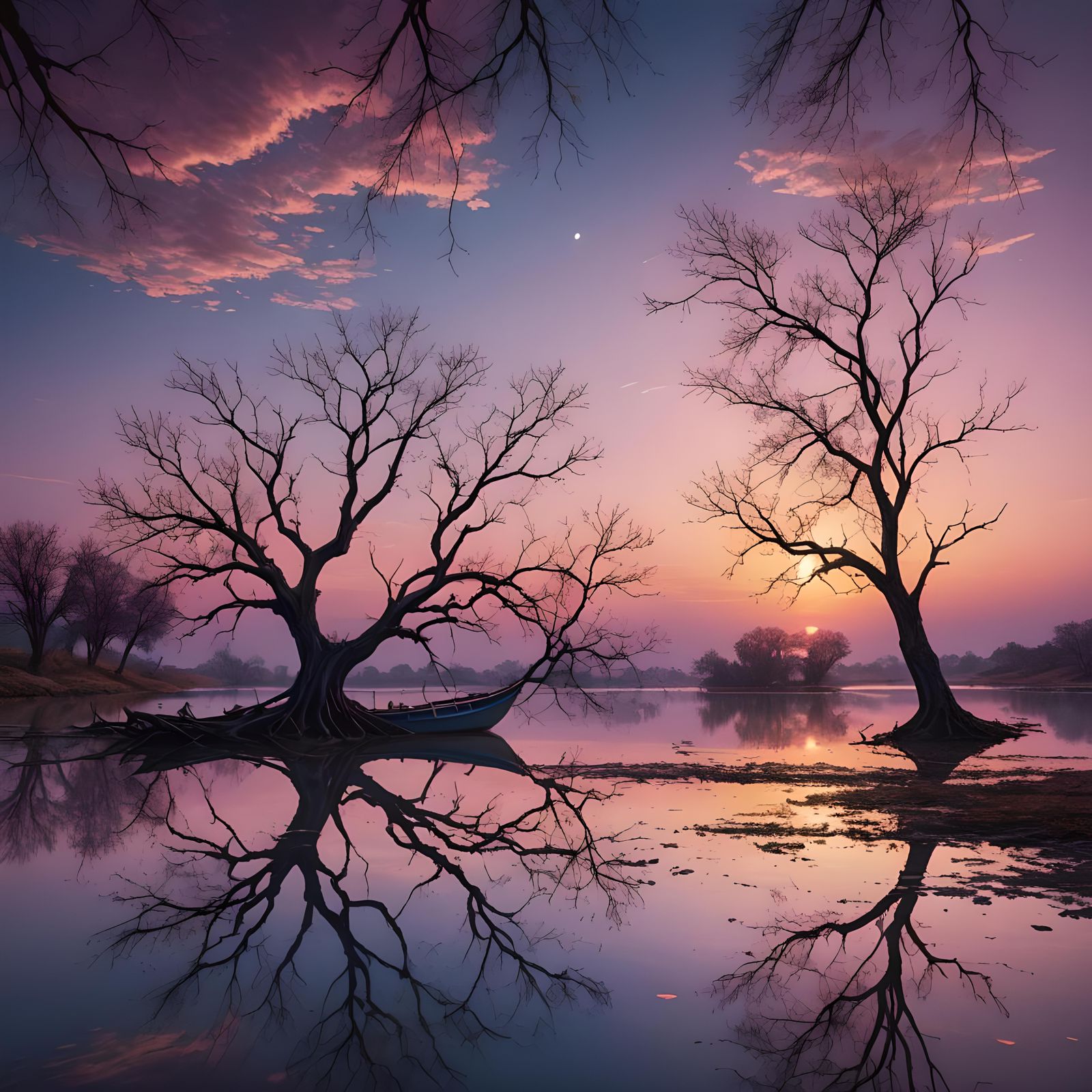 Lonely Tree Reflected at Sunset in Colorful Landscape