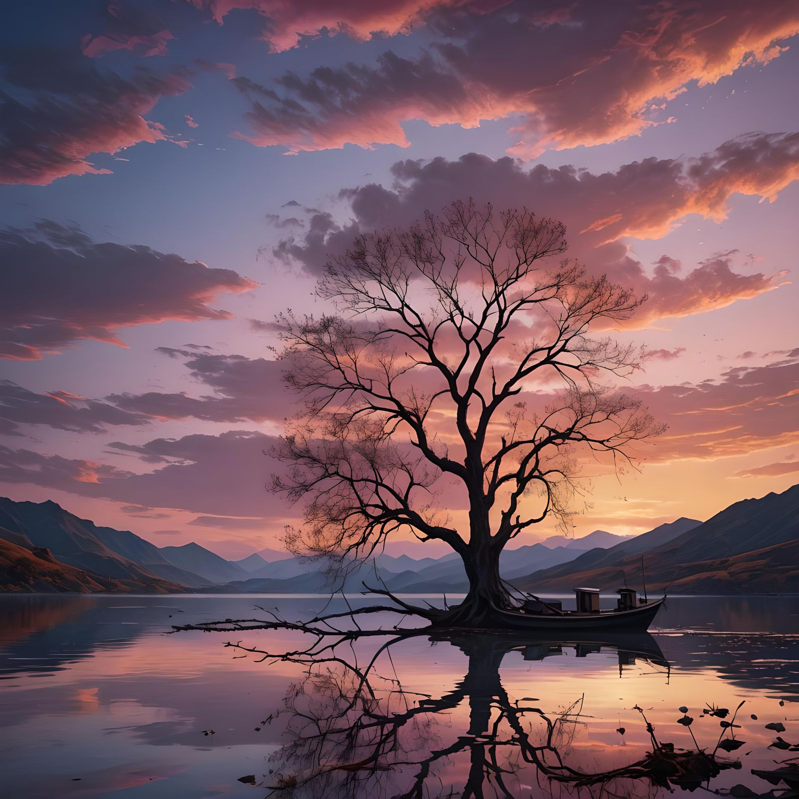 Lonely Tree and Boat at Colorful Sunset