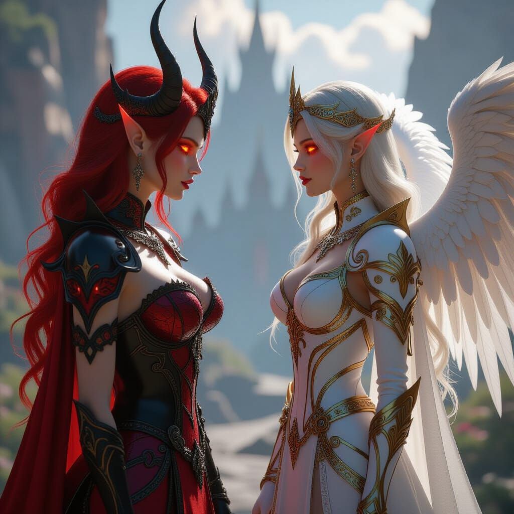 Demon and Angel Princesses in Surreal Landscape