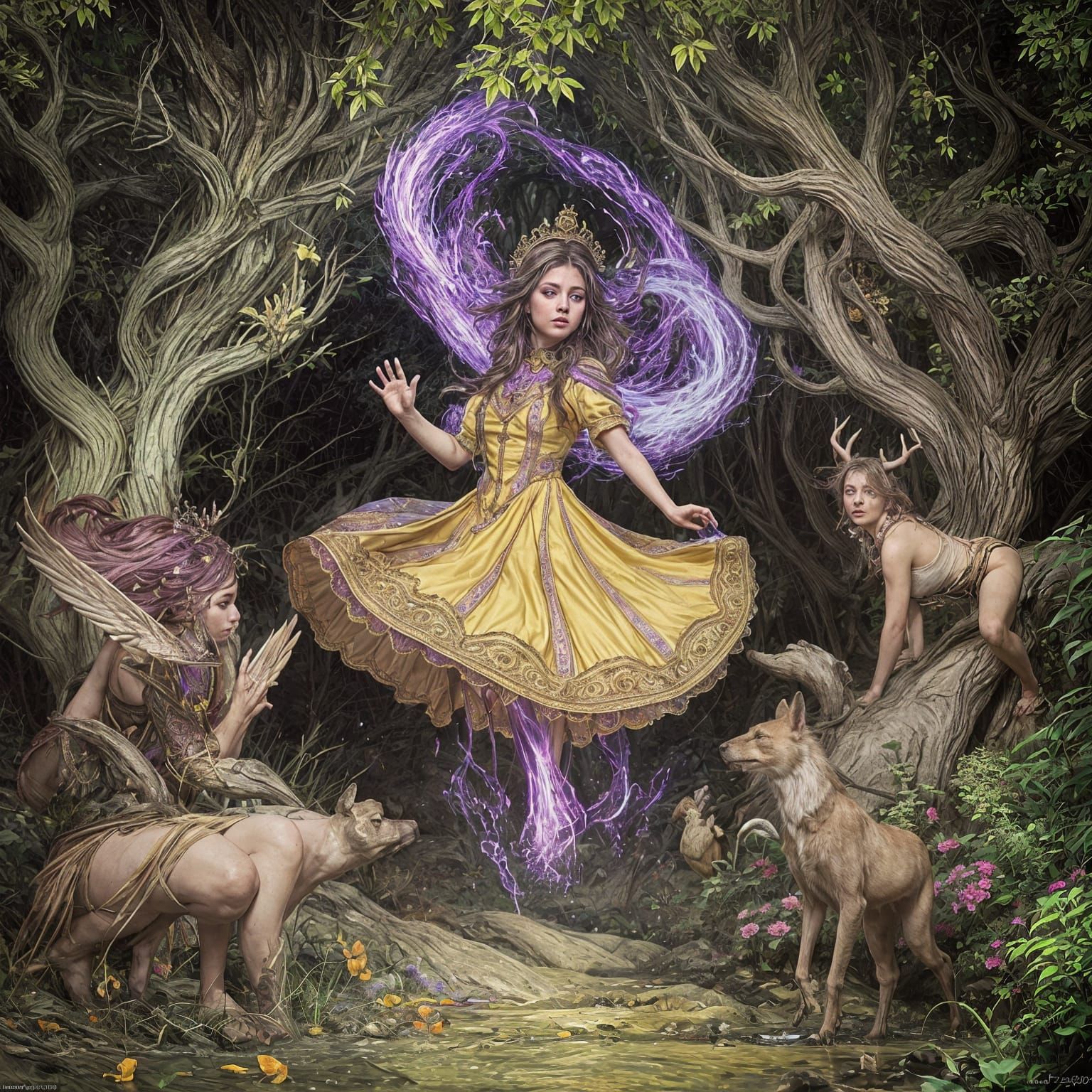 Ethereal Girl in Dark Forest, Art Nouveau Style