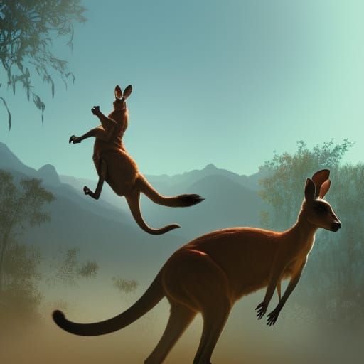 Kangaroo Leaping Across Desert, Digital Art