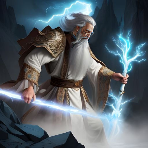 Wizard in Mountains with Lightning, Hyperrealistic Concept A...