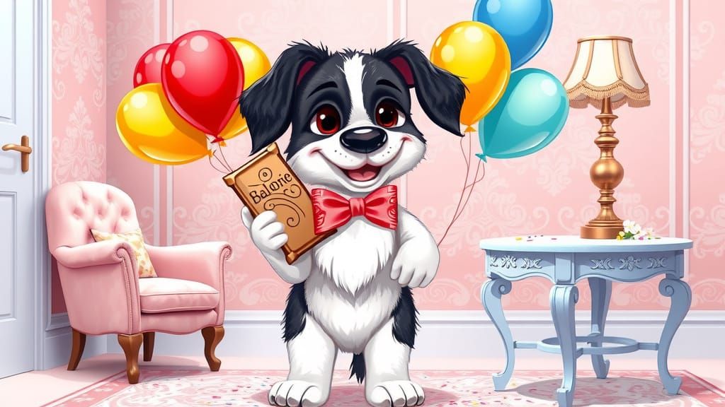 Whimsical Cartoon Dog in a Playful Birthday Party Setting
