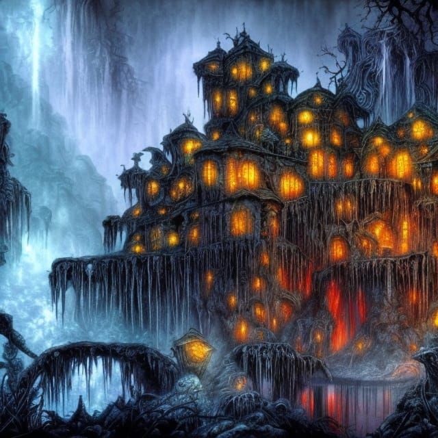 Waterfall Horror Landscape in Digital Art