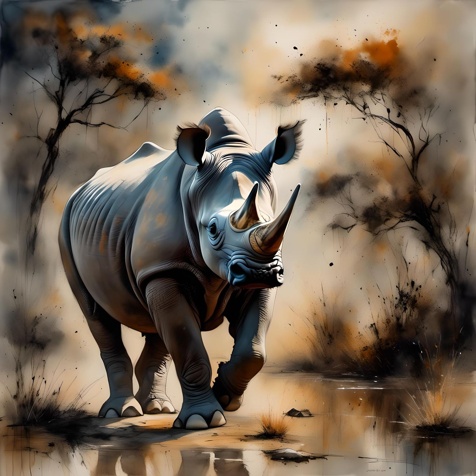 Realistic Black Rhino Watercolor Painting