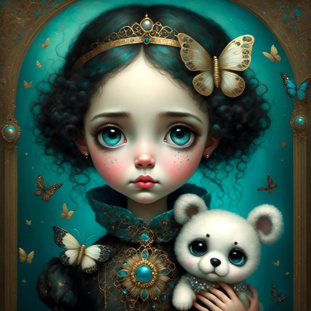 Sad Girl with Puppy and Gold Sparkles