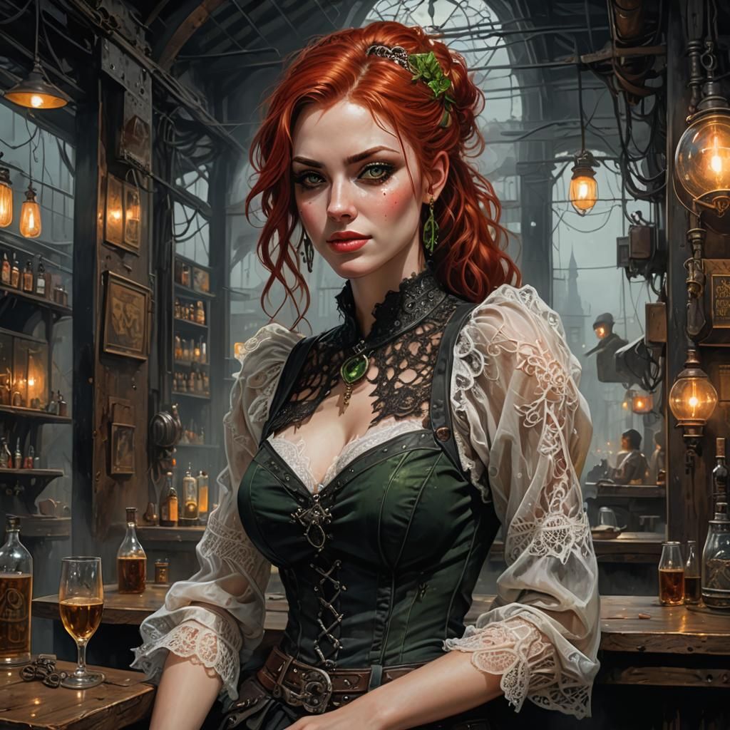 Gothic Barmaid Portrait in Post-Apocalyptic Bar