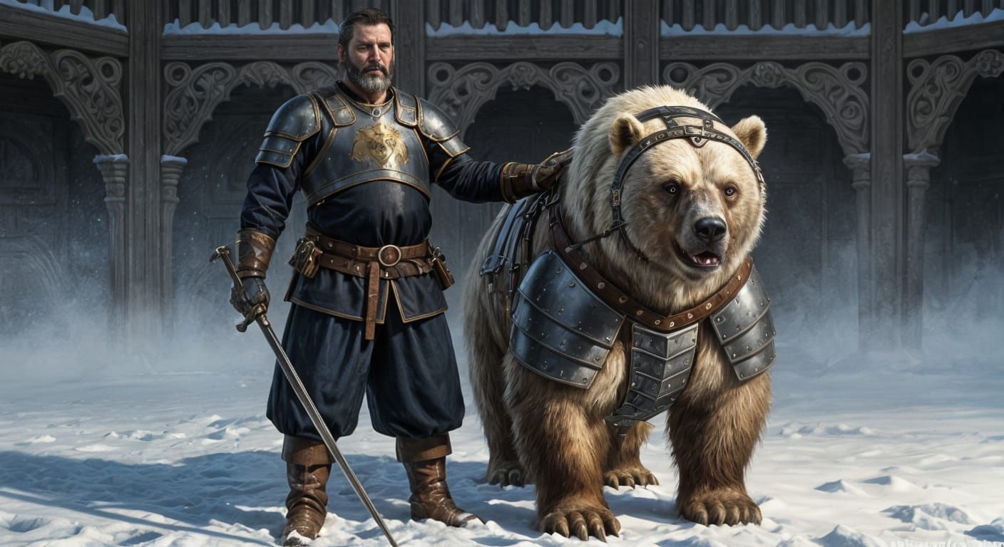 Kislevite Warlord and War Bear in Oil Painting Style
