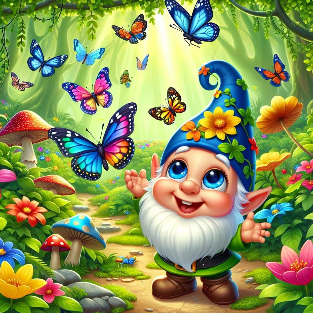Gnome with Butterflies in Lush Forest