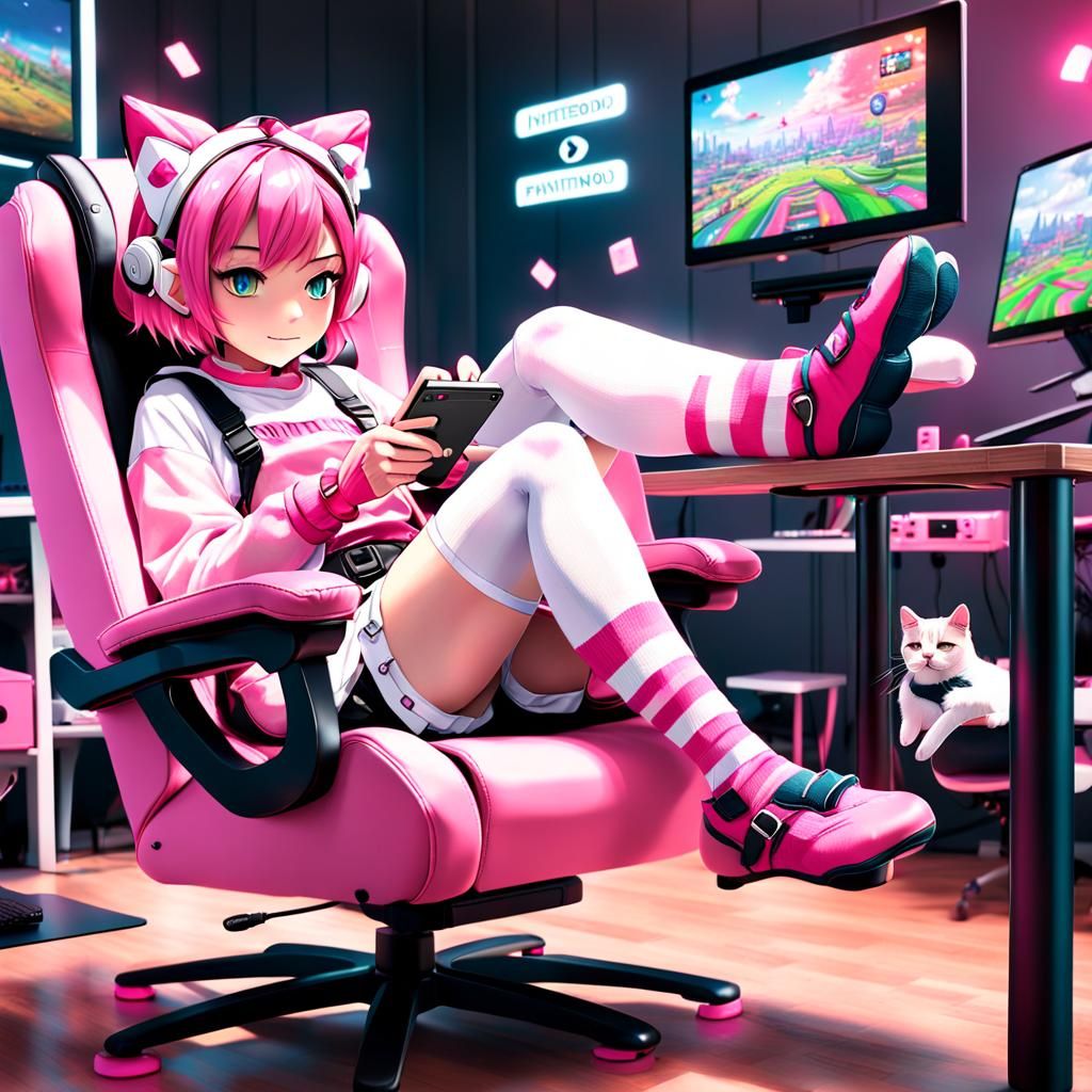 Anime Girl with Cat Ears Plays Nintendo Switch